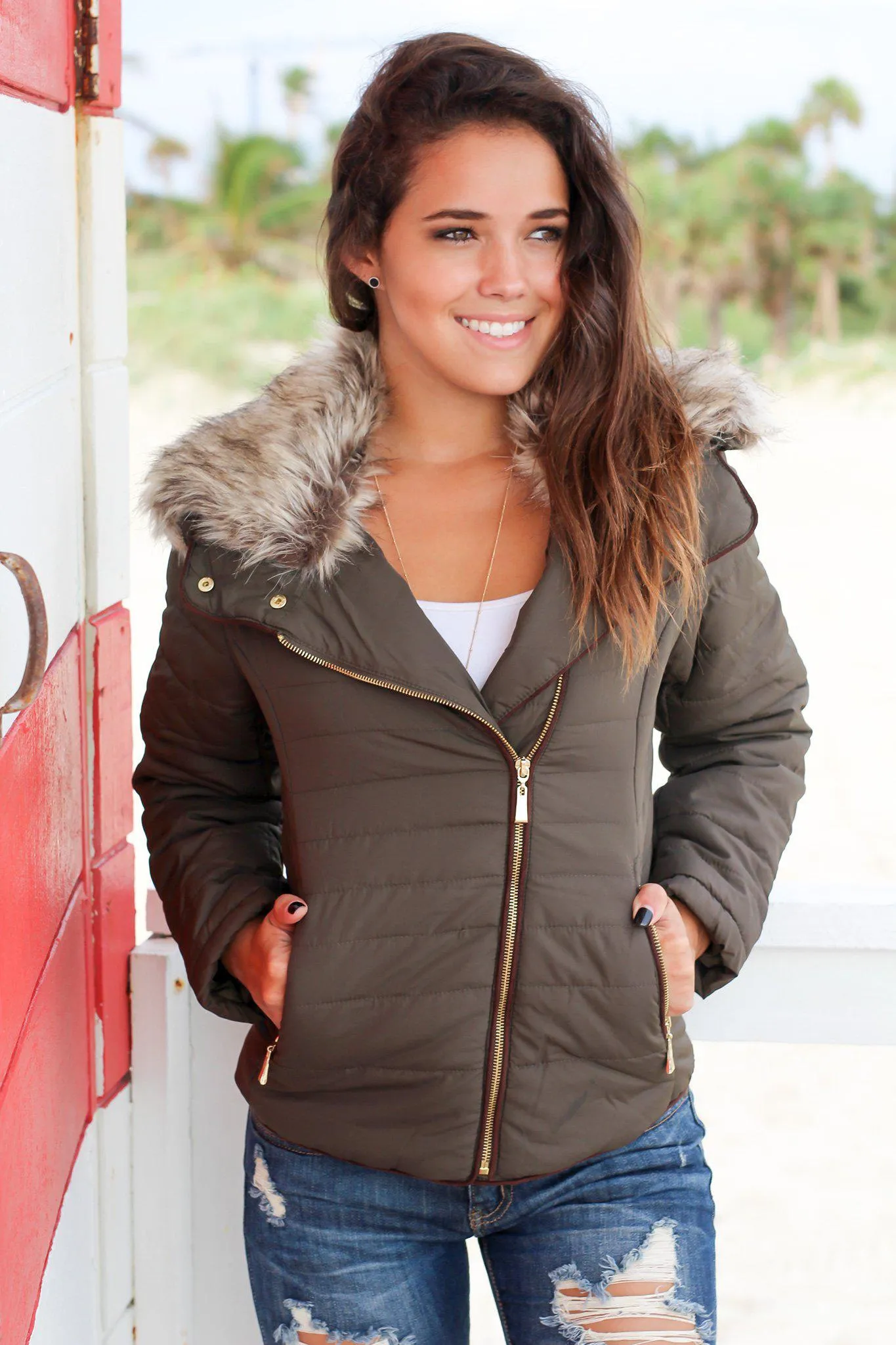 Olive Quilted Jacket with Side Zipper