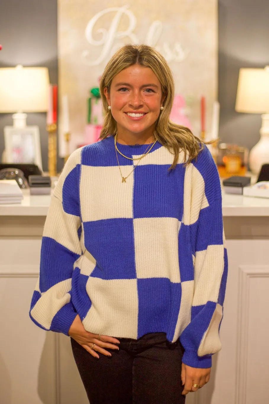 Oversized Checkered Knit Sweater