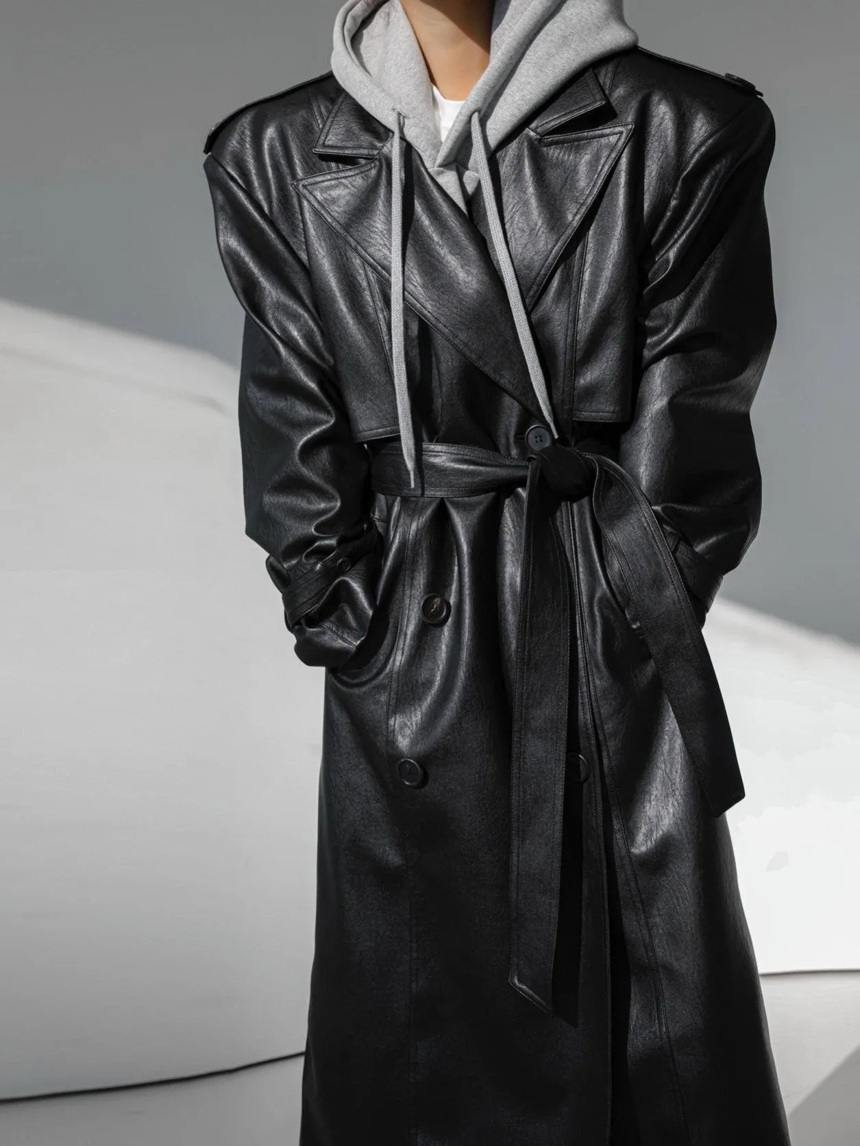 OVERSIZED DOUBLE BREASTED VEGAN LEATHER TRENCH