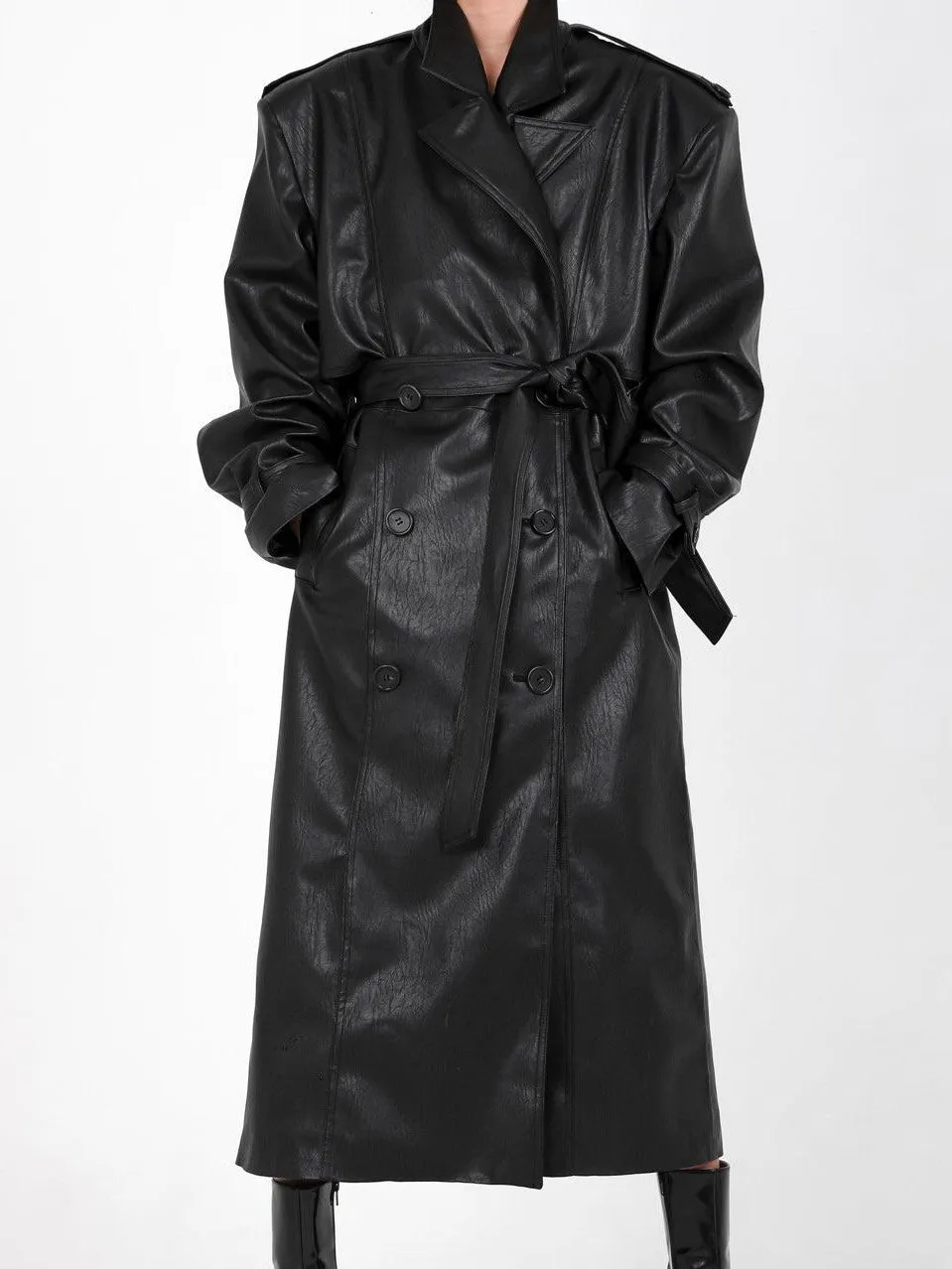 OVERSIZED DOUBLE BREASTED VEGAN LEATHER TRENCH