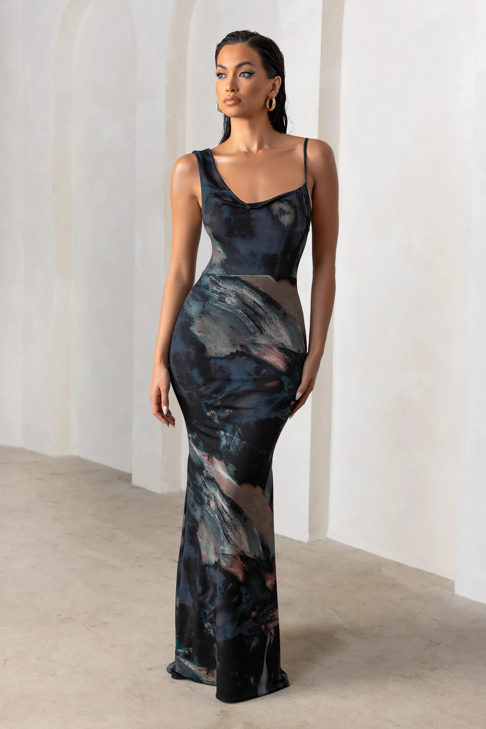 Phantasy | Black Abstract Print Asymmetric Neckline Cowl Maxi Dress