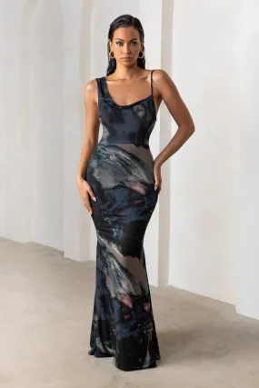 Phantasy | Black Abstract Print Asymmetric Neckline Cowl Maxi Dress