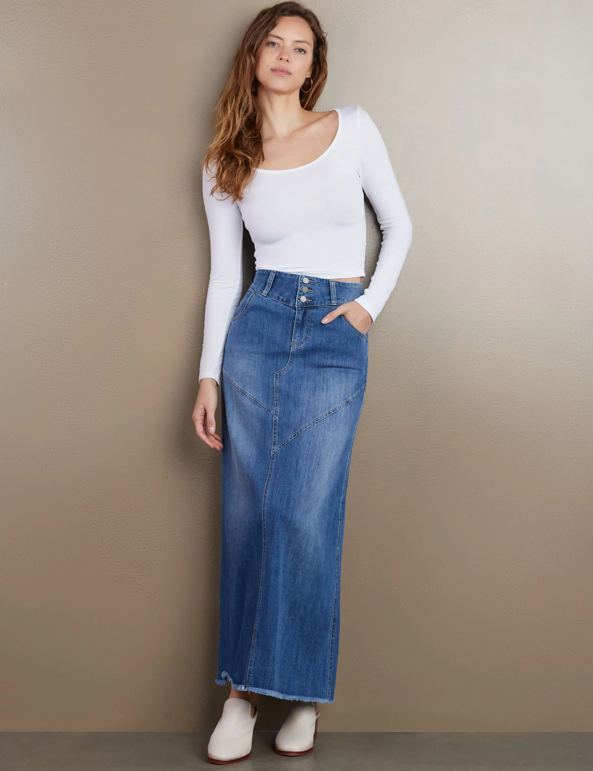 Pieced Denim Maxi Skirt