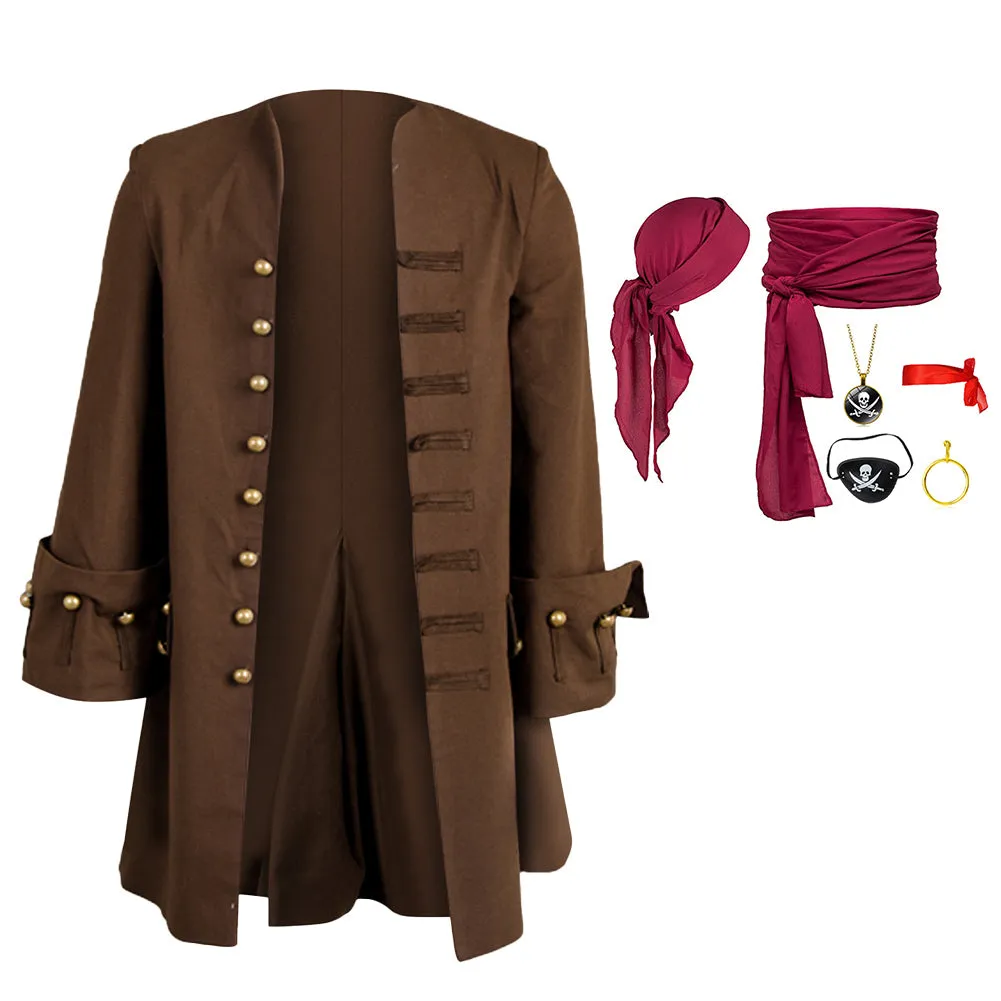 Pirates Brown Coat Headscarf Belt Full Set Cosplay Costume