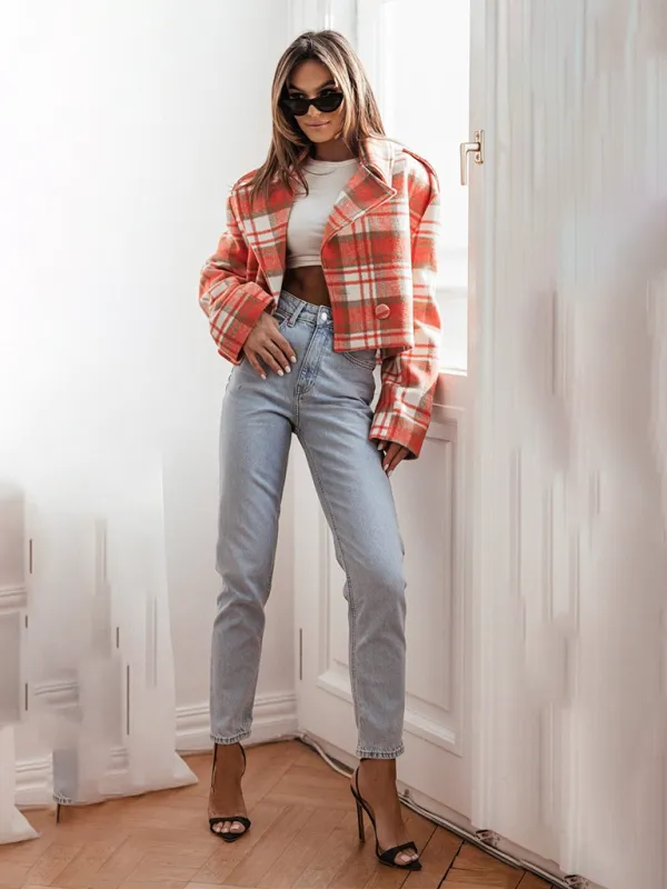 Plaid Crop Boxy Jacket with Notch Lapel for Women