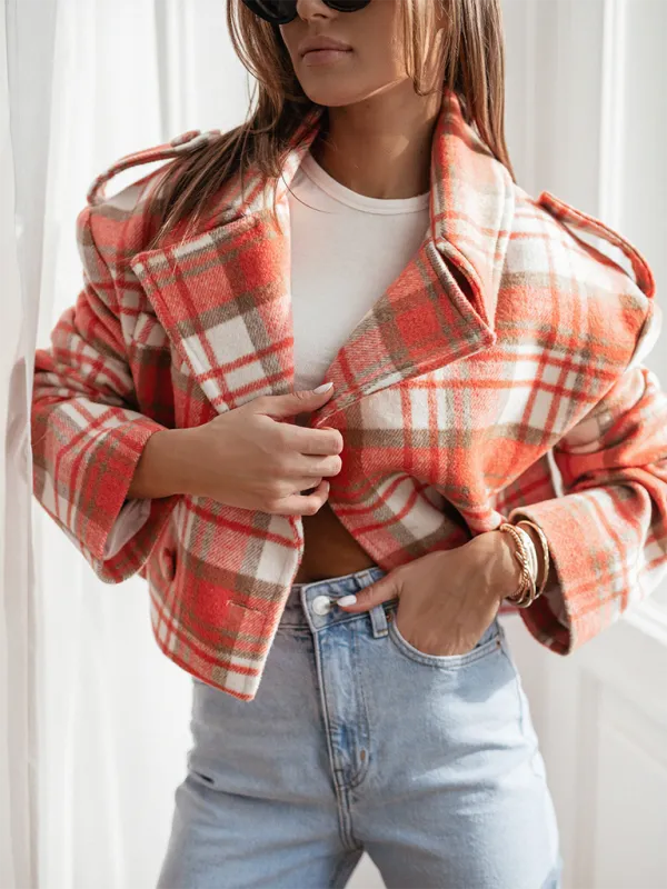 Plaid Crop Boxy Jacket with Notch Lapel for Women