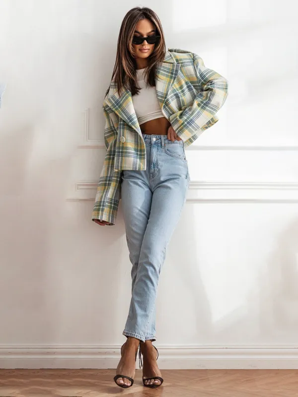 Plaid Crop Boxy Jacket with Notch Lapel for Women