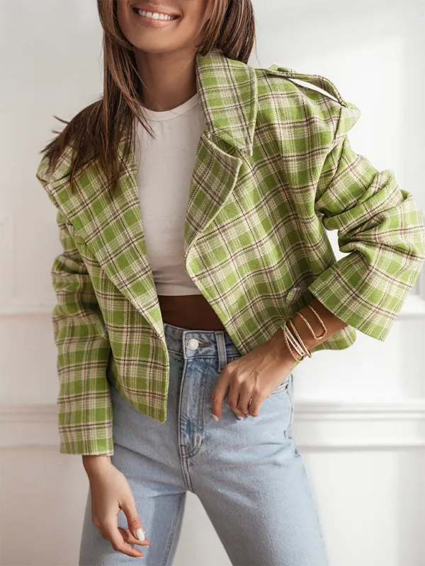 Plaid Crop Boxy Jacket with Notch Lapel for Women