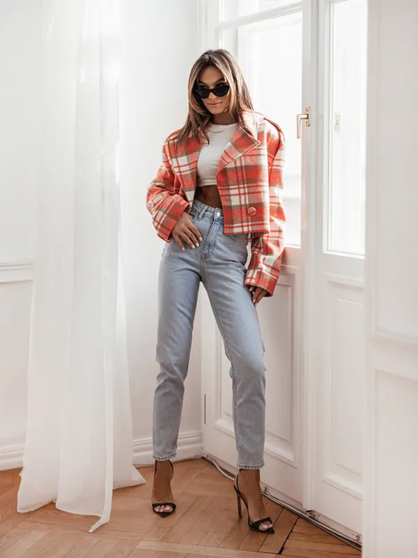 Plaid Crop Boxy Jacket with Notch Lapel for Women