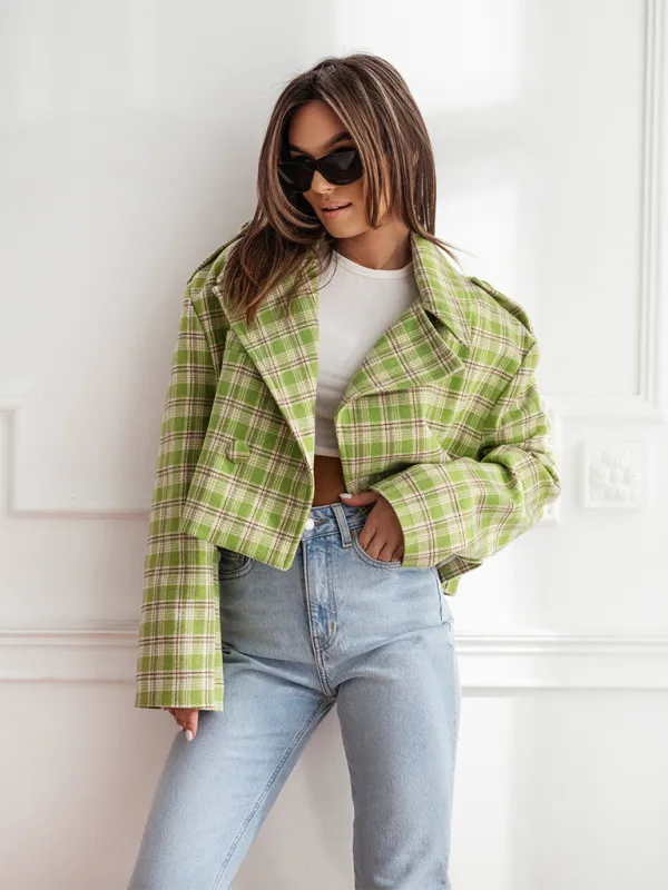 Plaid Crop Boxy Jacket with Notch Lapel for Women