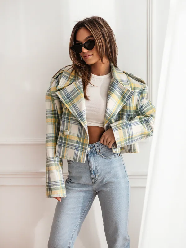 Plaid Crop Boxy Jacket with Notch Lapel for Women