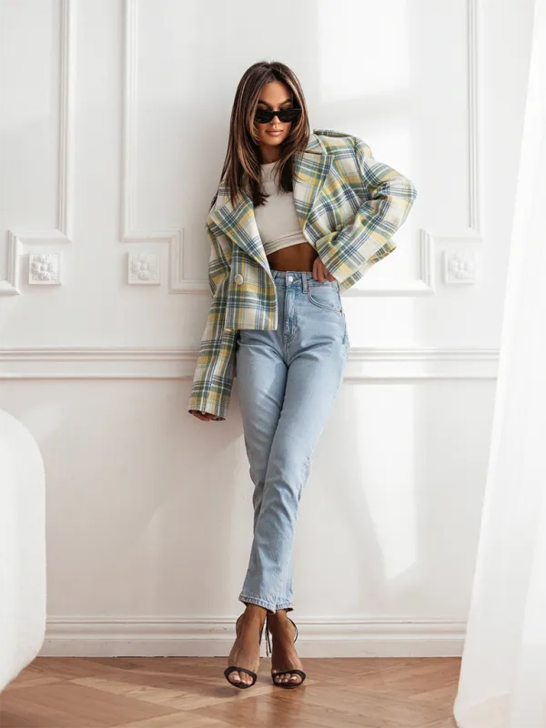 Plaid Crop Boxy Jacket with Notch Lapel for Women