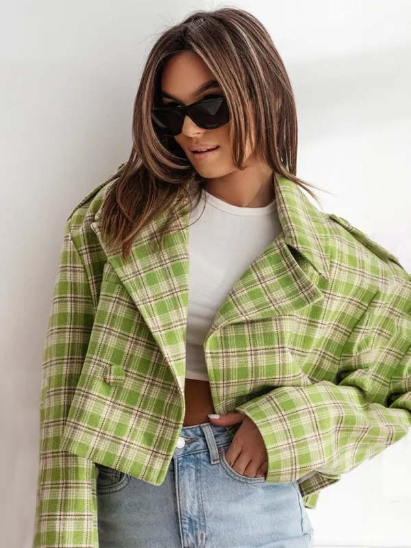 Plaid Crop Boxy Jacket with Notch Lapel for Women