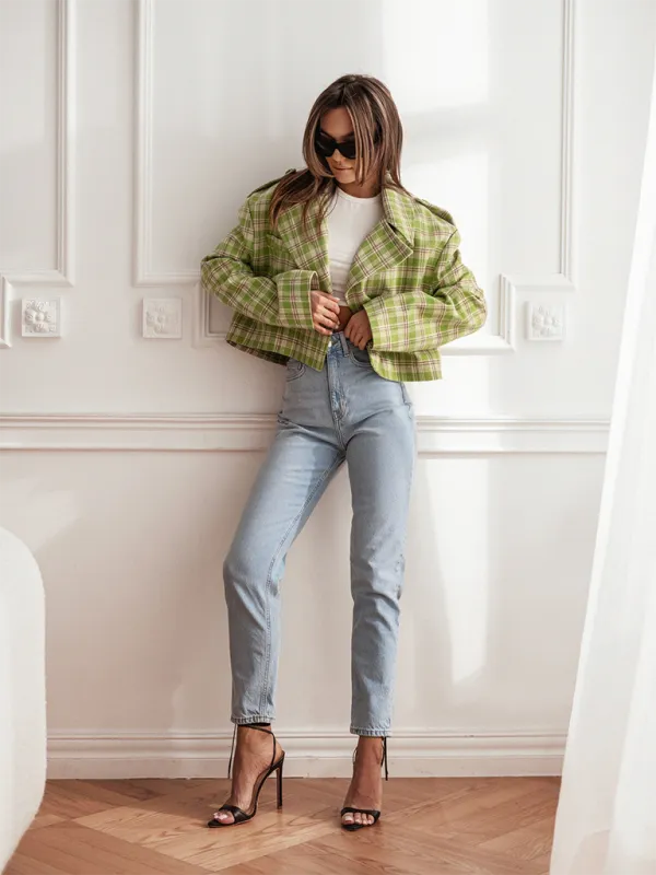 Plaid Crop Boxy Jacket with Notch Lapel for Women