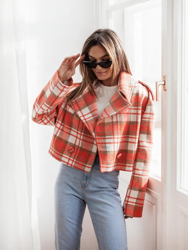 Plaid Crop Boxy Jacket with Notch Lapel for Women