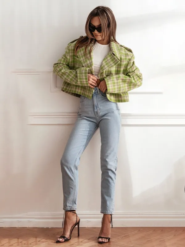 Plaid Crop Boxy Jacket with Notch Lapel for Women