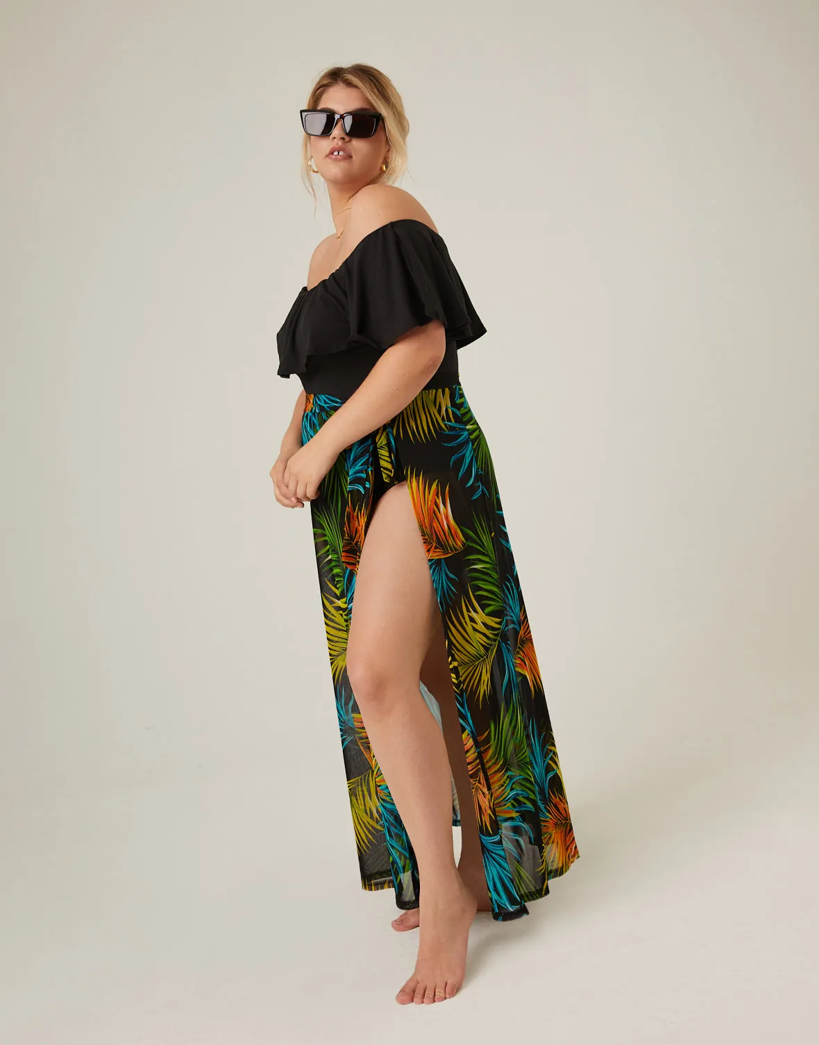 Plus Size Tropical Print Tie Skirt