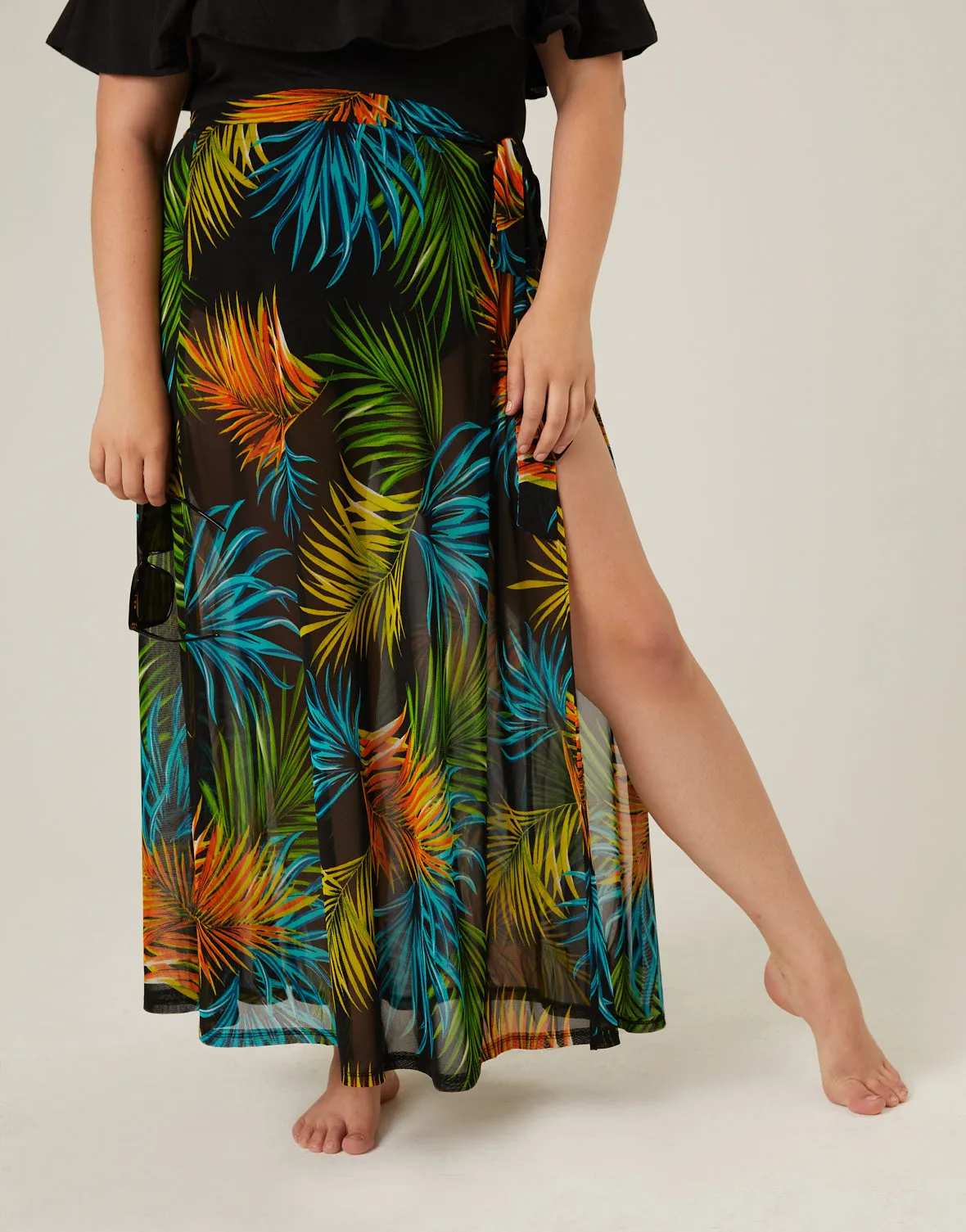 Plus Size Tropical Print Tie Skirt