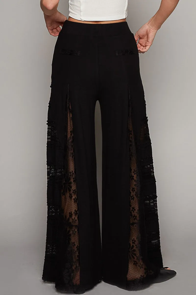 POL Solid Color Thermal Knit Pants with Mixed Lace Inset Details in Black ON ORDER