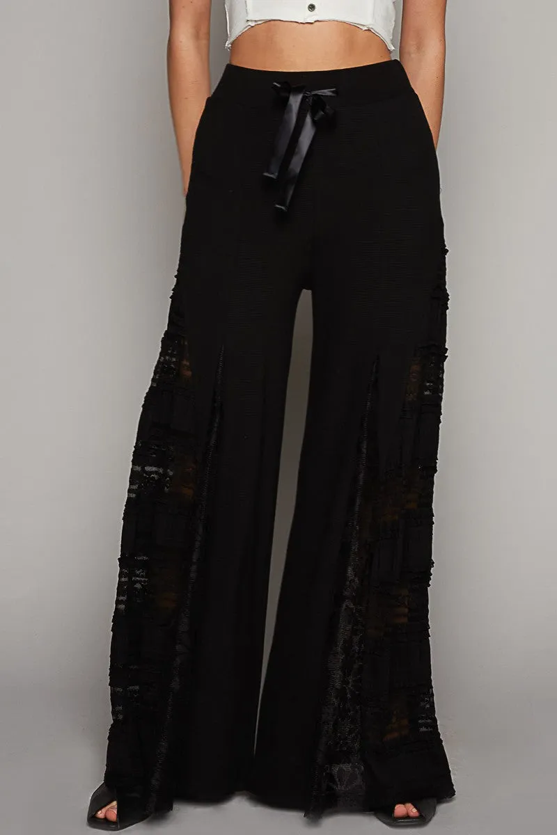 POL Solid Color Thermal Knit Pants with Mixed Lace Inset Details in Black ON ORDER