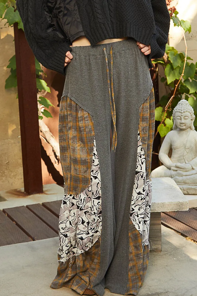 POL Thermal Knit Pants with Mixed Print Details in Heather Charcoal