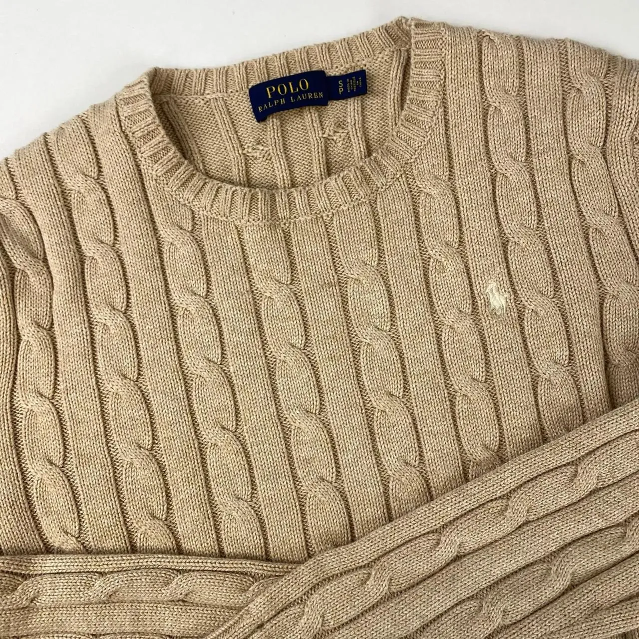 Polo Ralph Lauren Womens Cable-Knit Jumper Size S Beige Crew Sweater Logo.