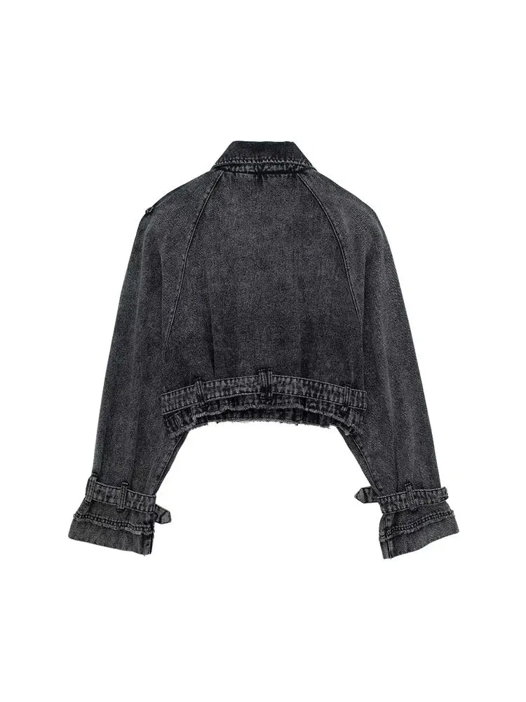 Pre Order:  Buckles Straps Cropped Denim Jacket