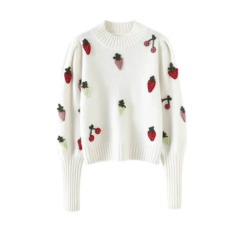 Pre Order:  Strawberry Crochet Long Sleeve Knit Sweater