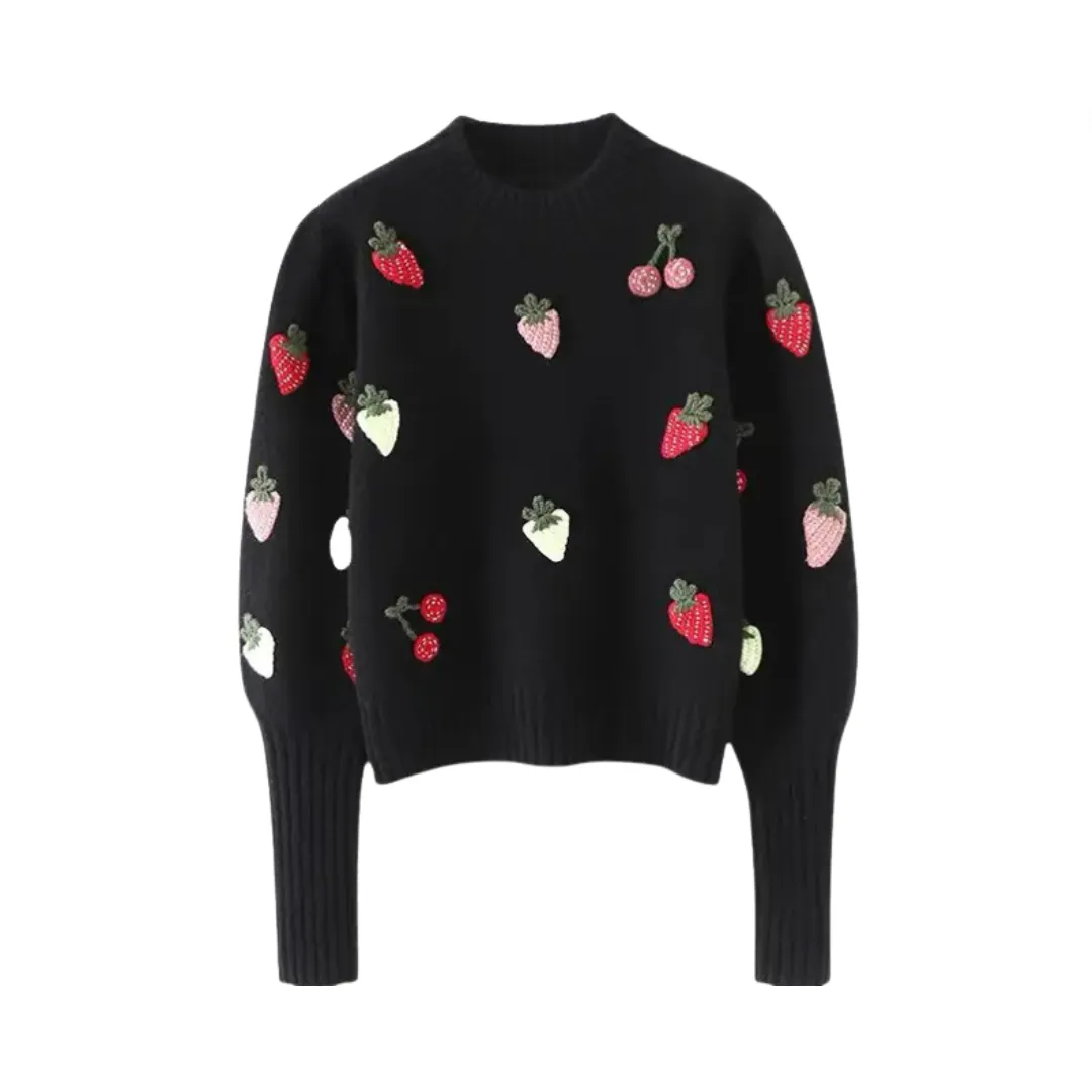 Pre Order:  Strawberry Crochet Long Sleeve Knit Sweater