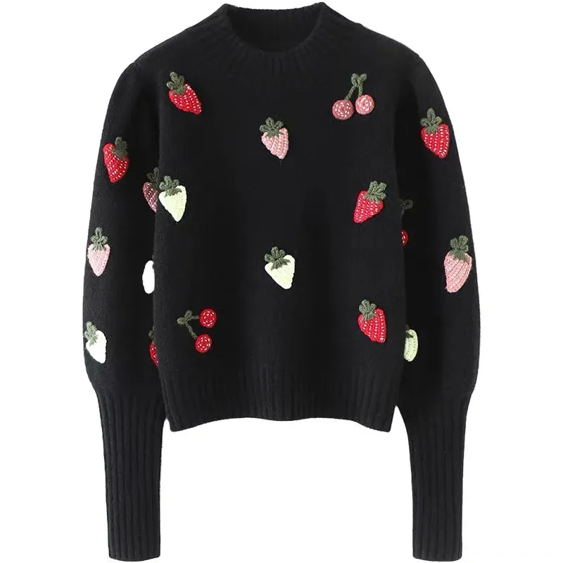 Pre Order:  Strawberry Crochet Long Sleeve Knit Sweater