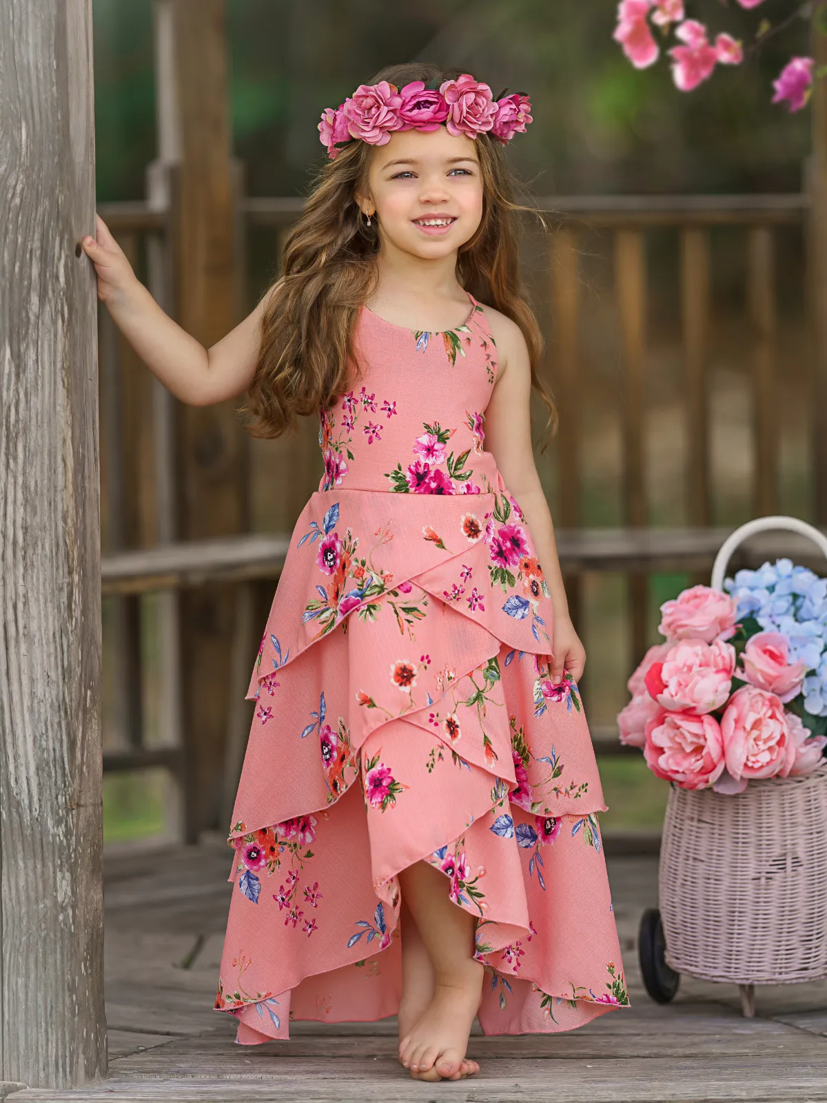 Pretty Petal Coral Floral Tiered Dress