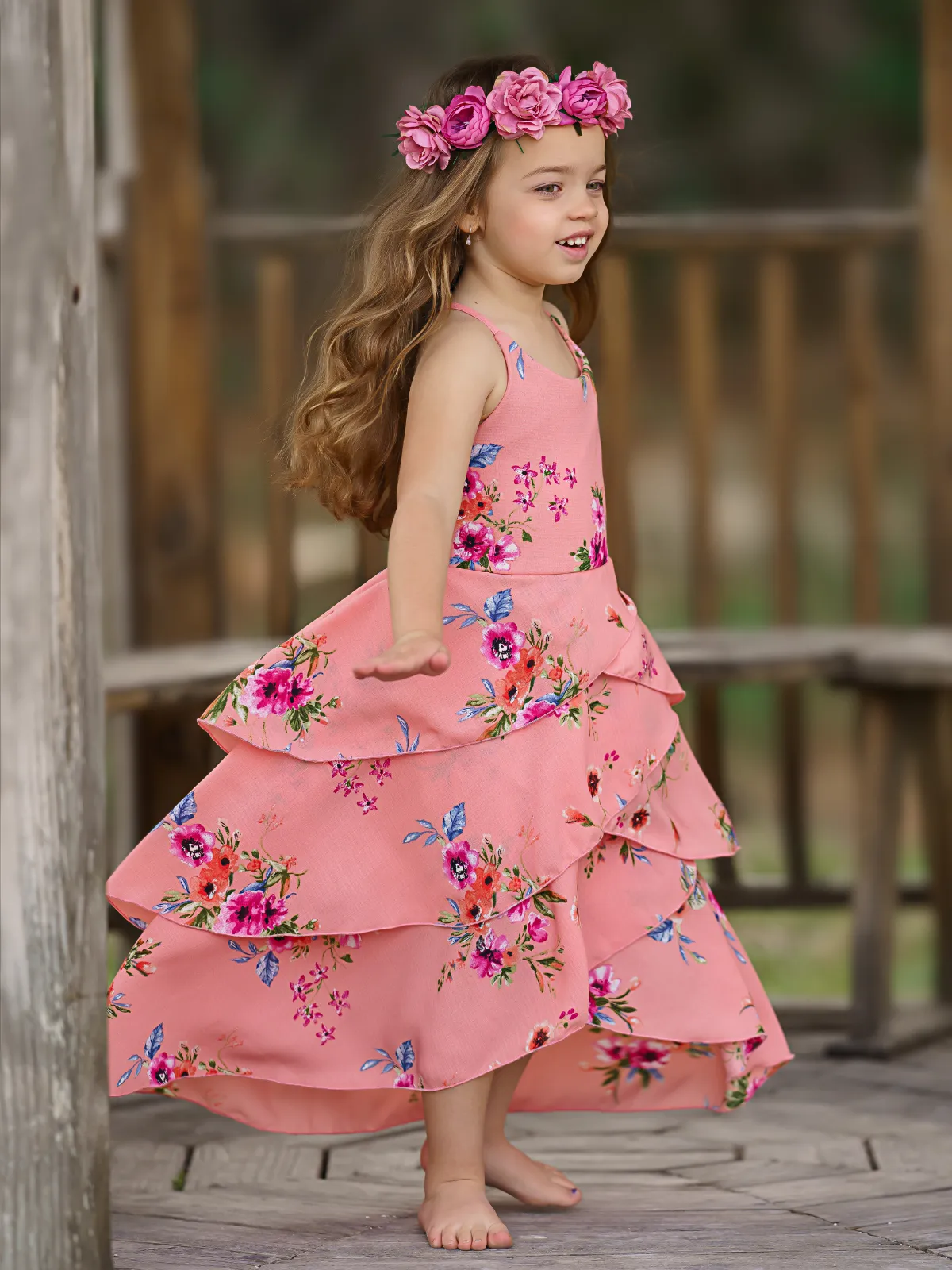 Pretty Petal Coral Floral Tiered Dress