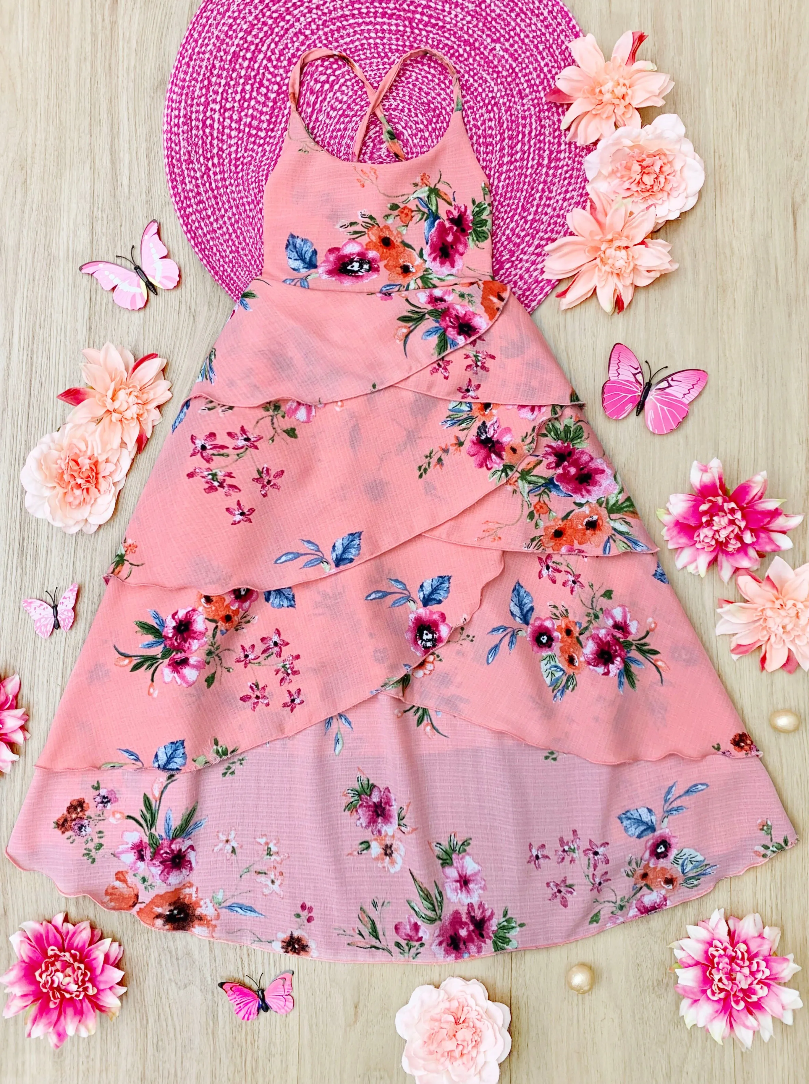 Pretty Petal Coral Floral Tiered Dress