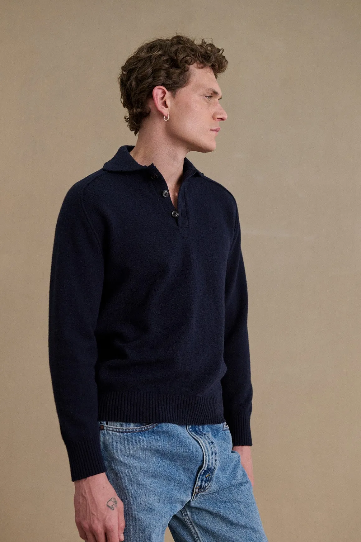 Pull homme col polo bleu marine