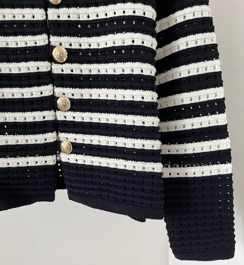 Purpdrank - 2023 Women Summer Fashion New Hollow Out Striped Polo Knitted Sweater Cardigans Coat Simple Casual Tops Female Chic