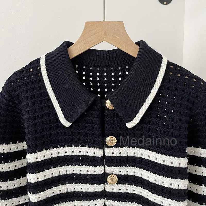 Purpdrank - 2023 Women Summer Fashion New Hollow Out Striped Polo Knitted Sweater Cardigans Coat Simple Casual Tops Female Chic