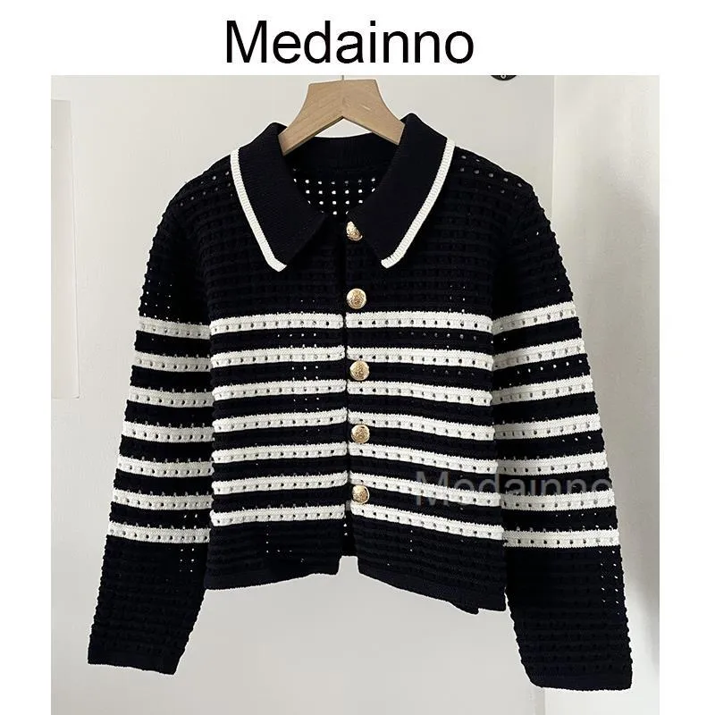 Purpdrank - 2023 Women Summer Fashion New Hollow Out Striped Polo Knitted Sweater Cardigans Coat Simple Casual Tops Female Chic