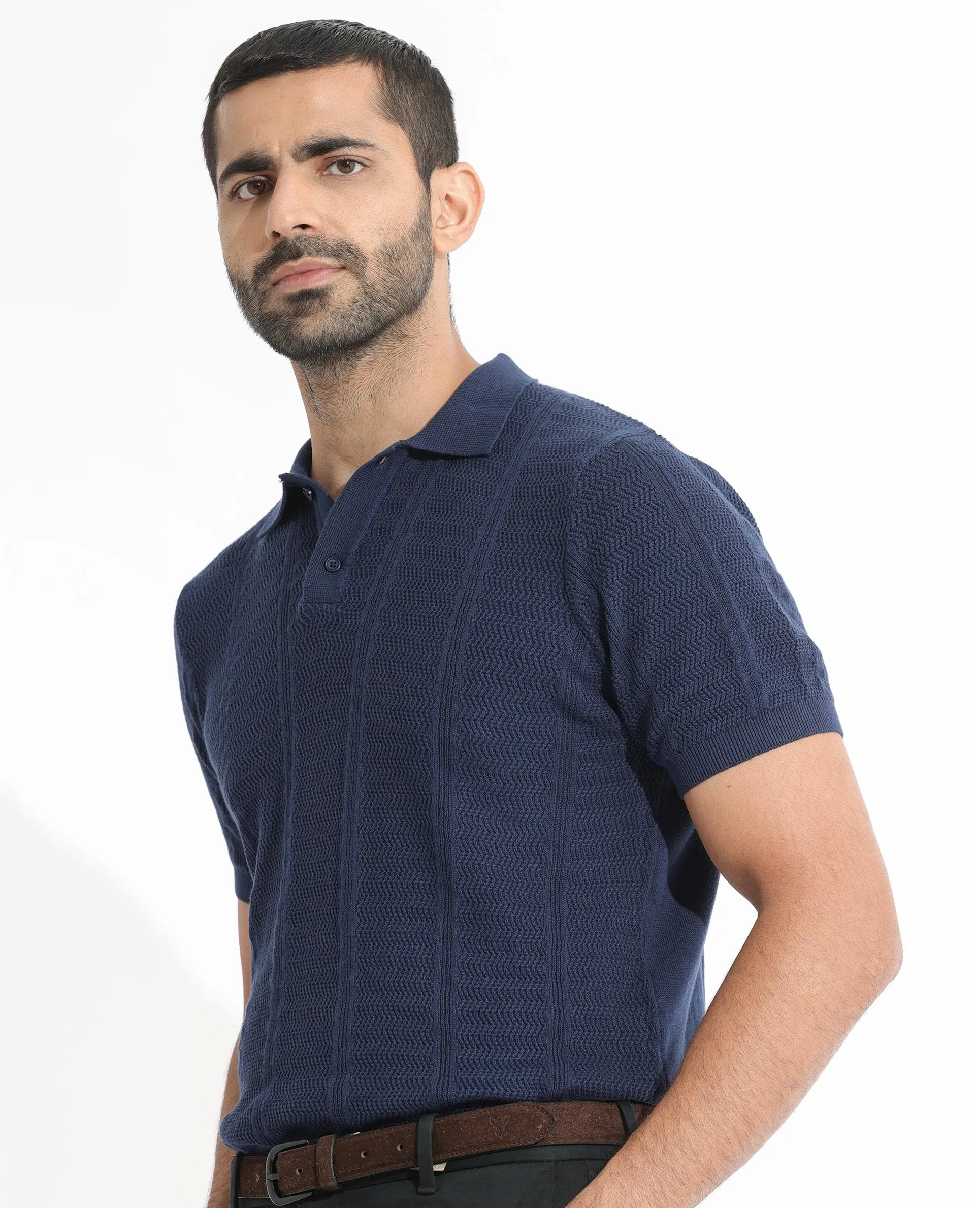 Rare Rabbit Men's Mesk Dark Blue Collared Neck Half Sleeves Knitted Polo T-Shirt