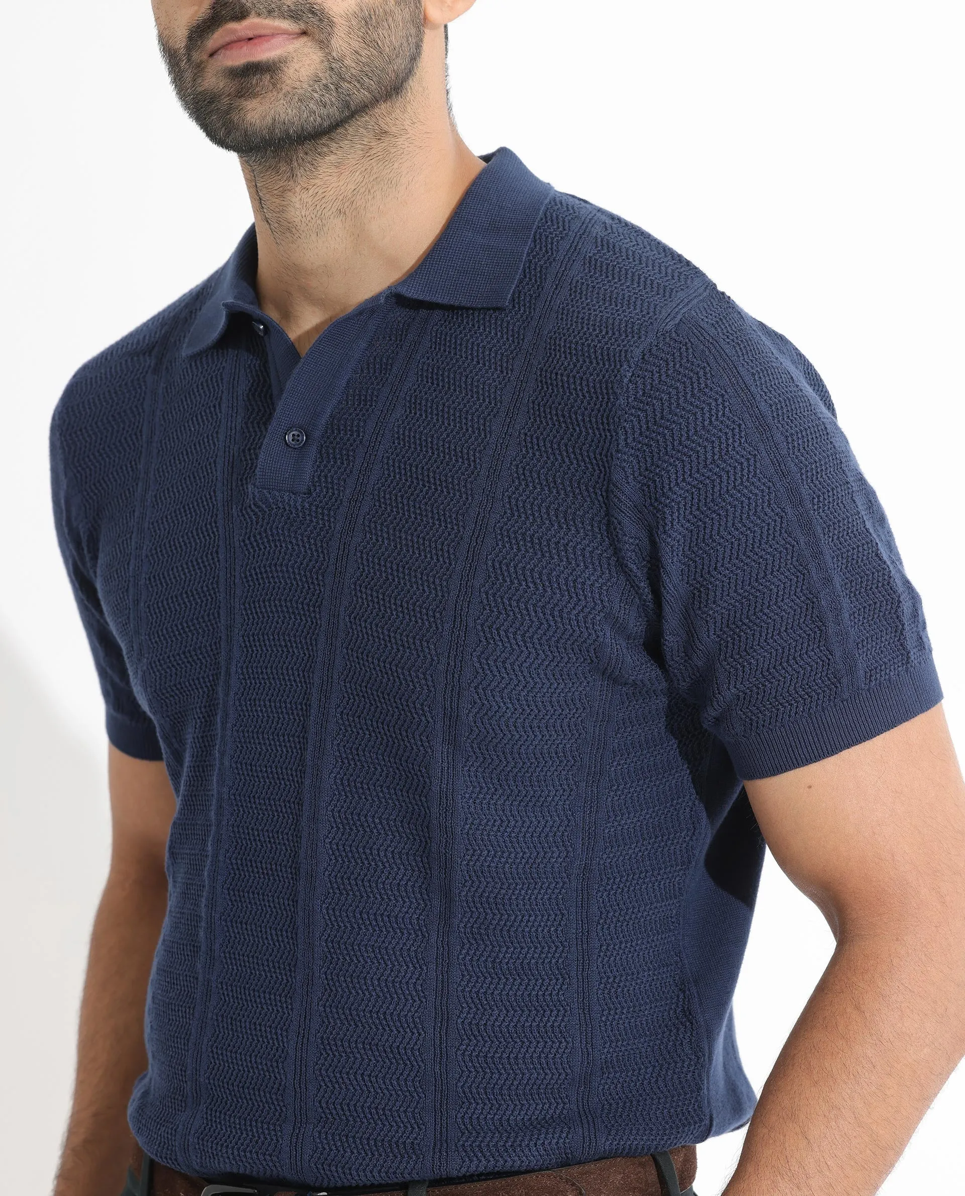 Rare Rabbit Men's Mesk Dark Blue Collared Neck Half Sleeves Knitted Polo T-Shirt