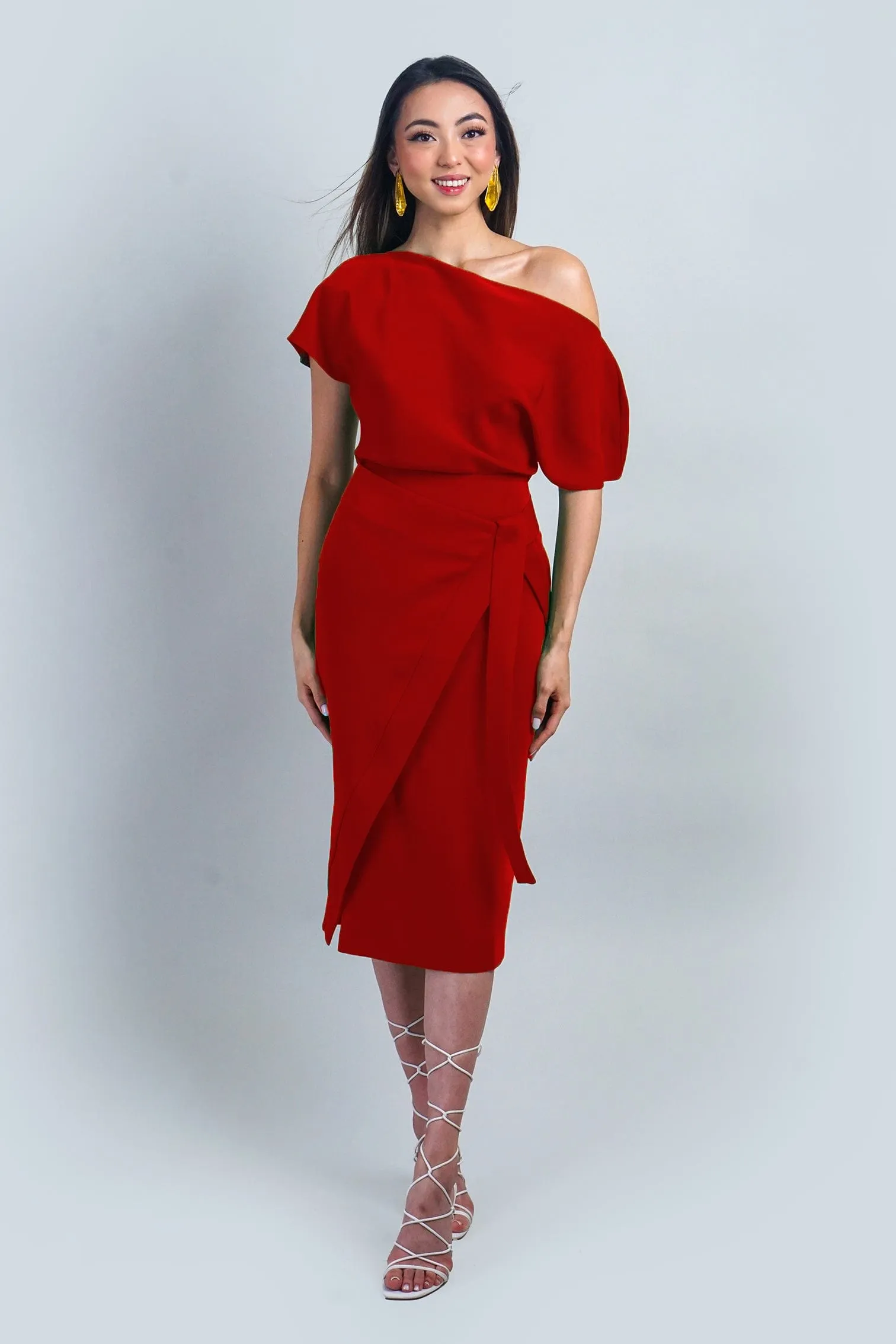 Red Misha Wrapped Midi Skirt