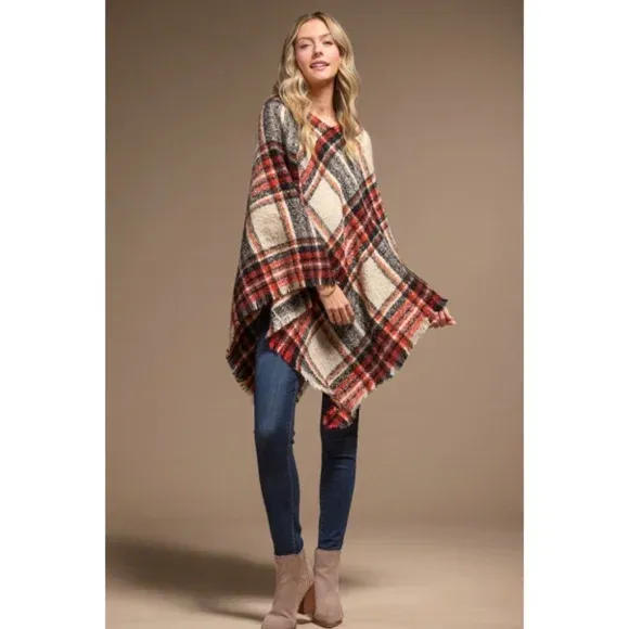 Red Multi Color Plaid Frayed Hem Knit Fall Winter Poncho Casual Women's One Size