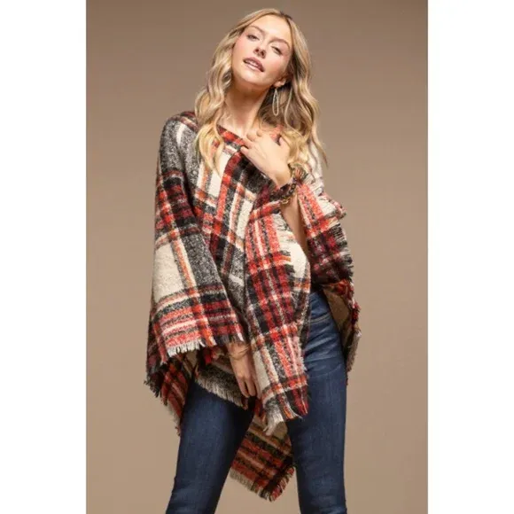 Red Multi Color Plaid Frayed Hem Knit Fall Winter Poncho Casual Women's One Size