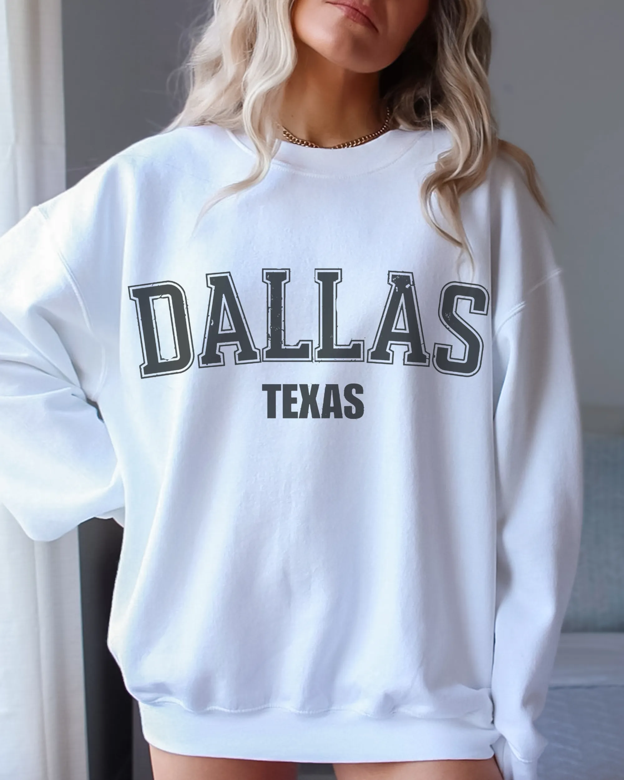 Retro Inspired Dallas Texas Crewneck Sweatshirt, Distressed Design, Dallas Texas Pullover, Trendy Varsity Distressed Letters Pullover