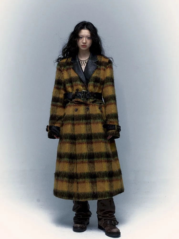 Reversible plaid patchwork leather trench coat【s0000005971】