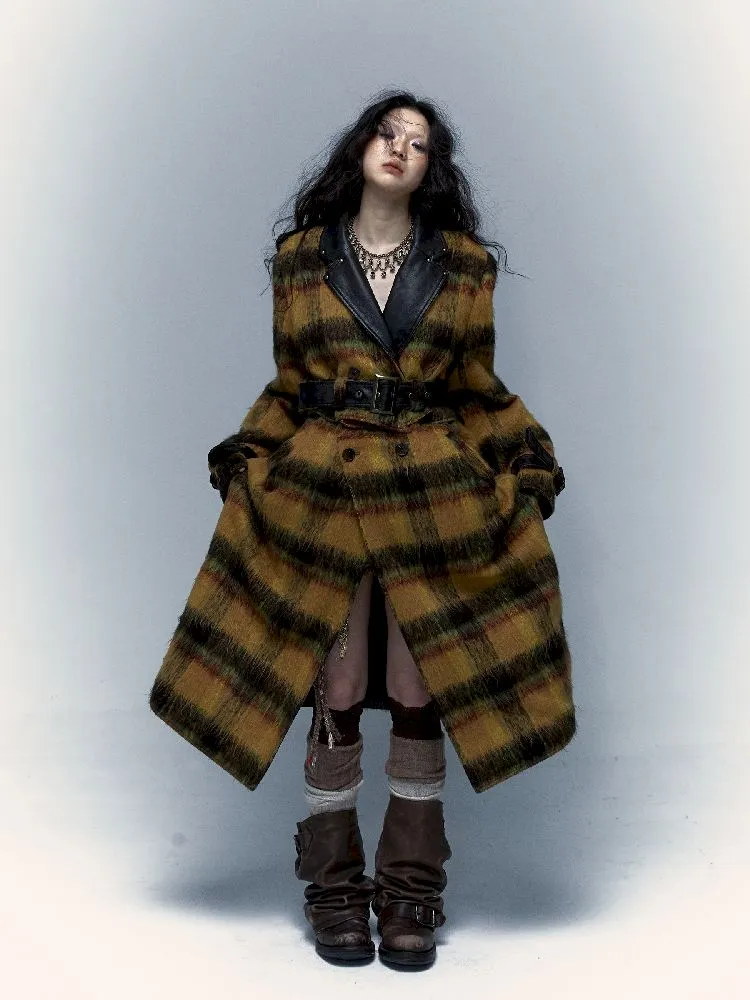 Reversible plaid patchwork leather trench coat【s0000005971】