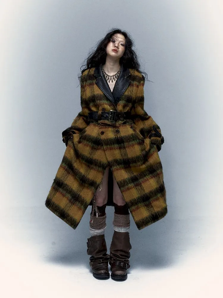 Reversible plaid patchwork leather trench coat【s0000005971】