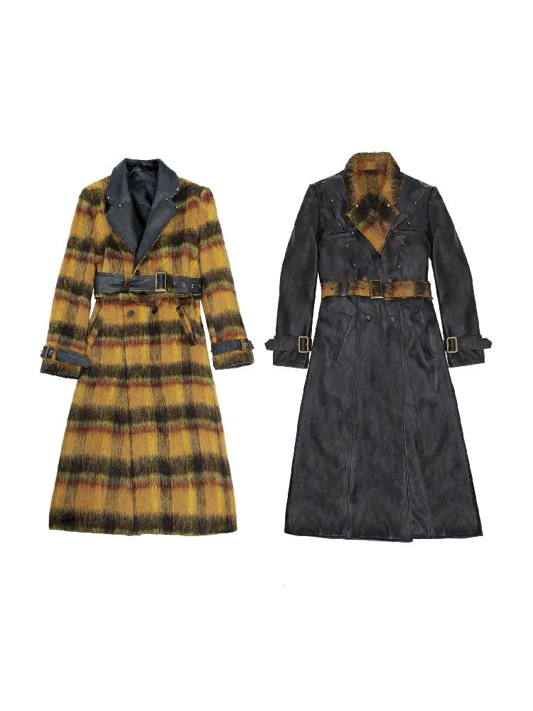 Reversible plaid patchwork leather trench coat【s0000005971】