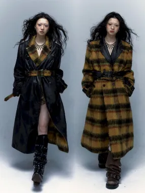 Reversible plaid patchwork leather trench coat【s0000005971】