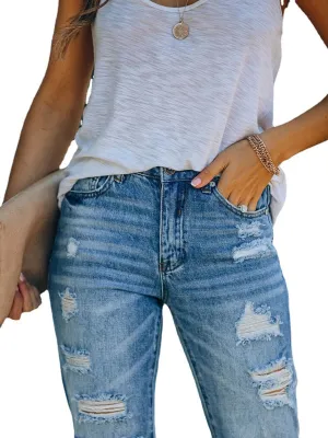 Ripped skinny denim cropped straight leg washed casual pants