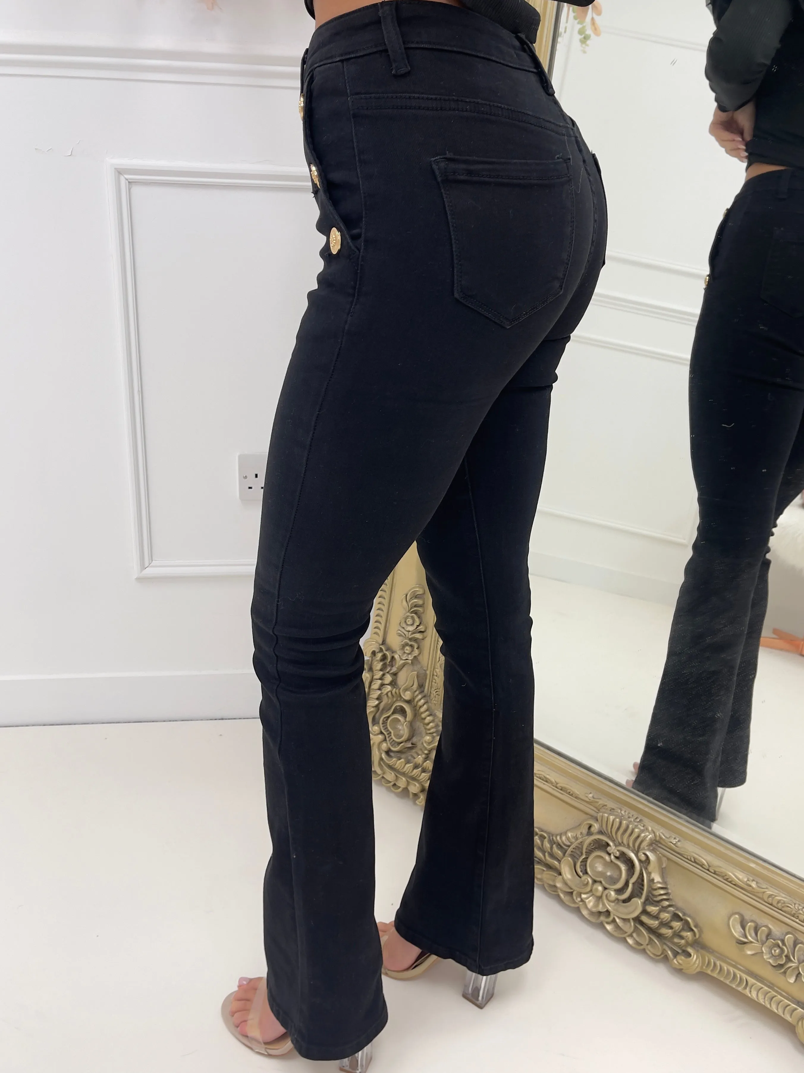 Rylee black gold button flared jeans